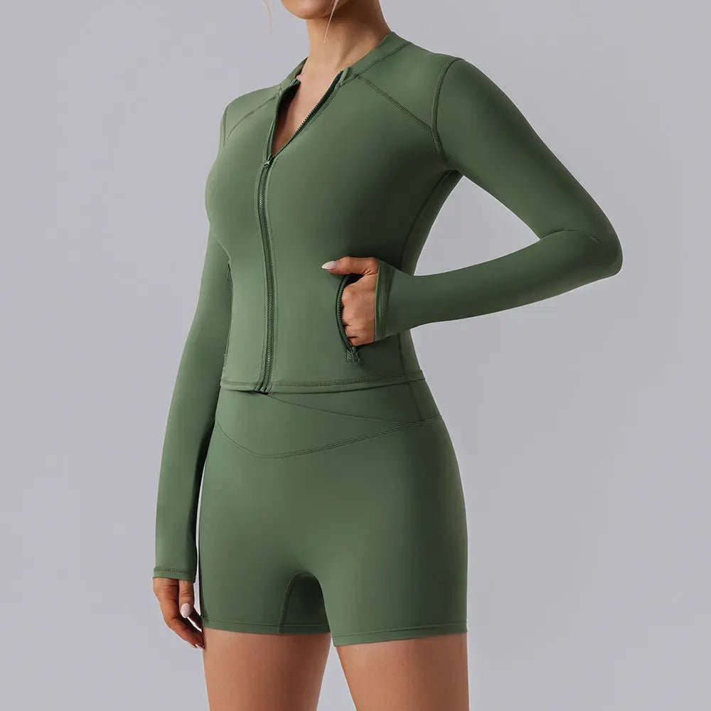 Autumn High Elastic Gym Sports Top Women Long Sleeve Cardigan Slim-fit Zipper Namma Markt