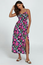 Floral Print Tie Front Maxi Dress In Black