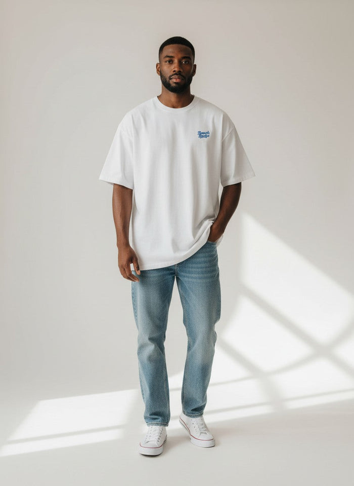 Motion Oversize T-Shirt 200 g/m² – Bio-Baumwolle, blaue Stickerei