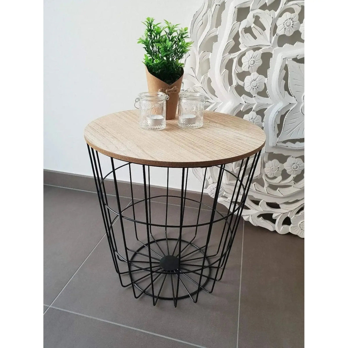 Beistelltisch Tisch mit Stauraum Ø 39 cm H=41 cm Metall/Holz Nachttisch Schwarz