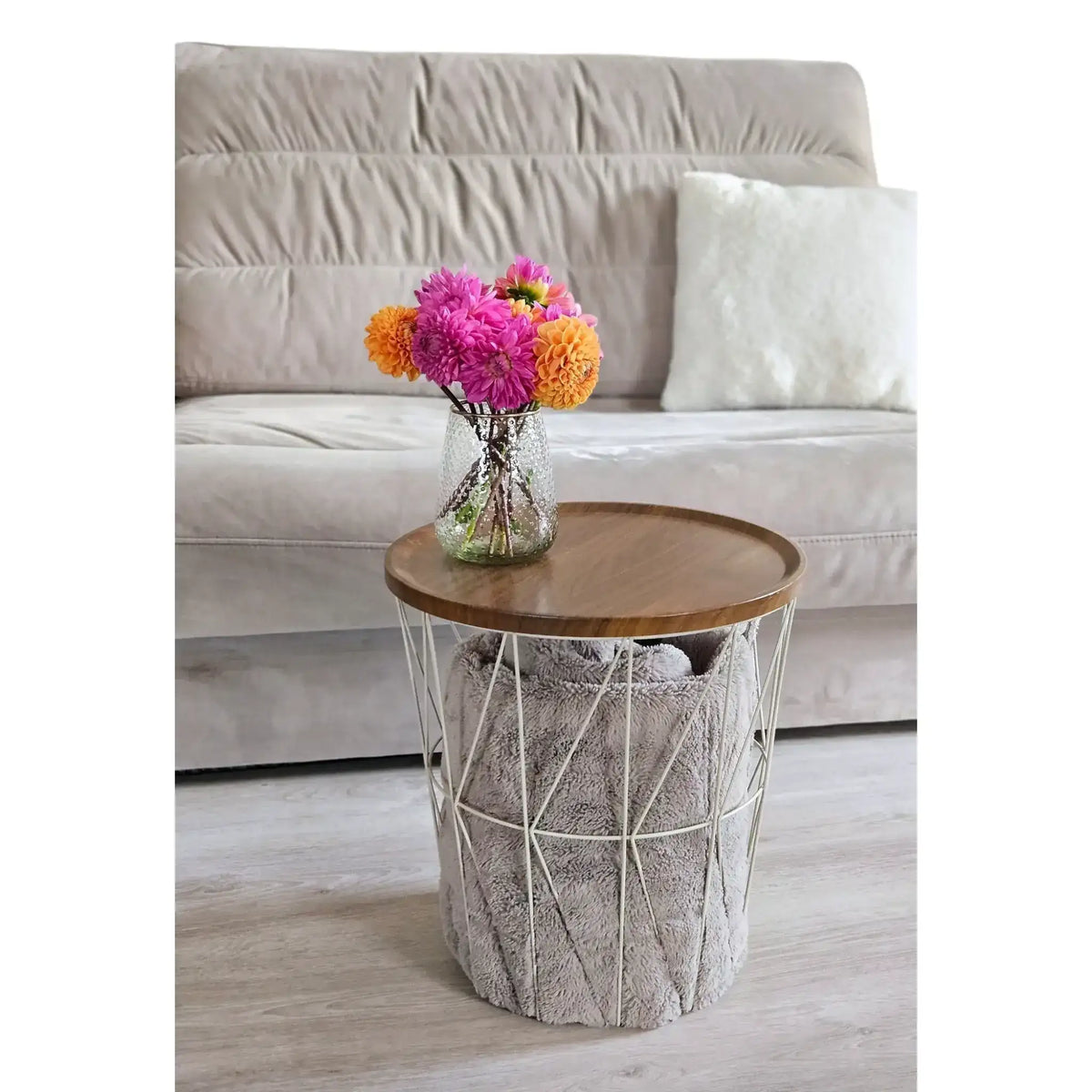 Beistelltisch warmes grau Nussbaum Rund Couchtisch 37x40 cm Metall Holz