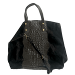 Leder Beutel Tasche Krokooptik Veloursleder Schwarz