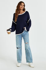 White Striped Oversized Jumper Top In Navy