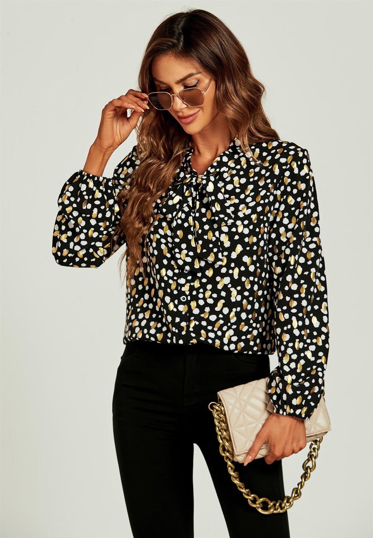 Gold Foil Leopard Print Pussybow Blouse/Top In Black