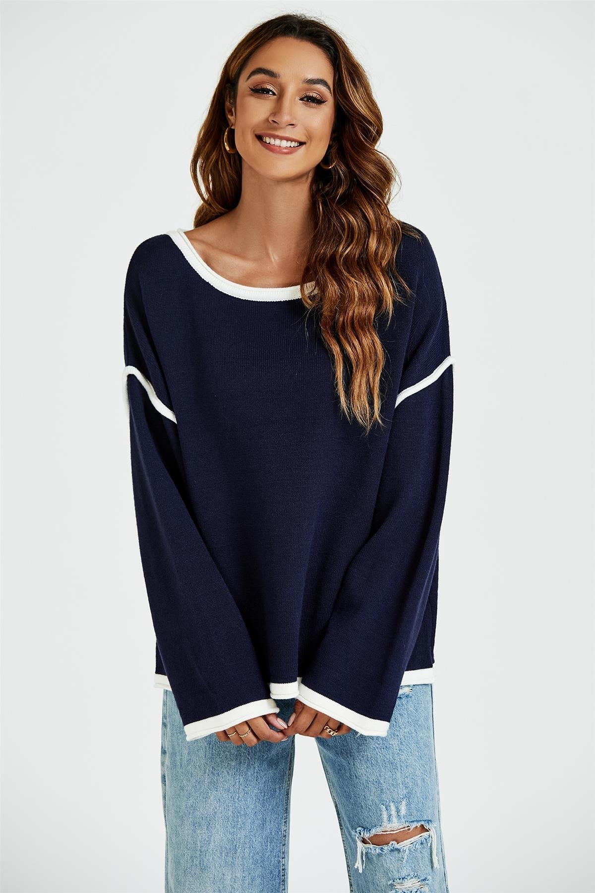 White Striped Oversized Jumper Top In Navy