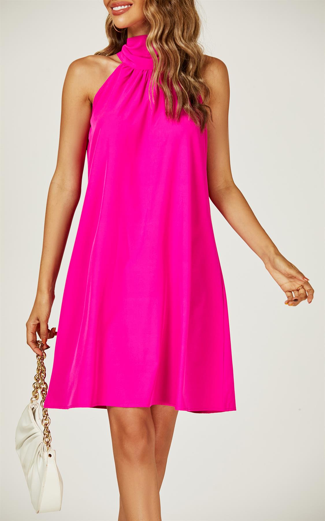 Halter Neck Tie Back Mini Dress In Magenta