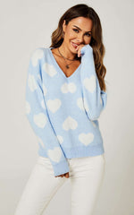 Relaxed Comfy White V Neck Heart Pattern Jumper Top In Baby Blue Namma Markt
