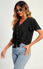 Cute Tie Knot Front Buttoned Crop T Shirt Top In Black