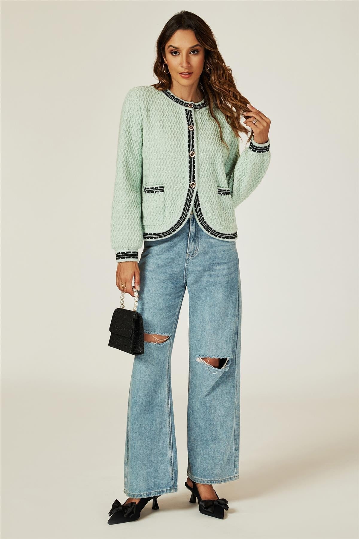 Pocket Knit Cardigan In Grey Green