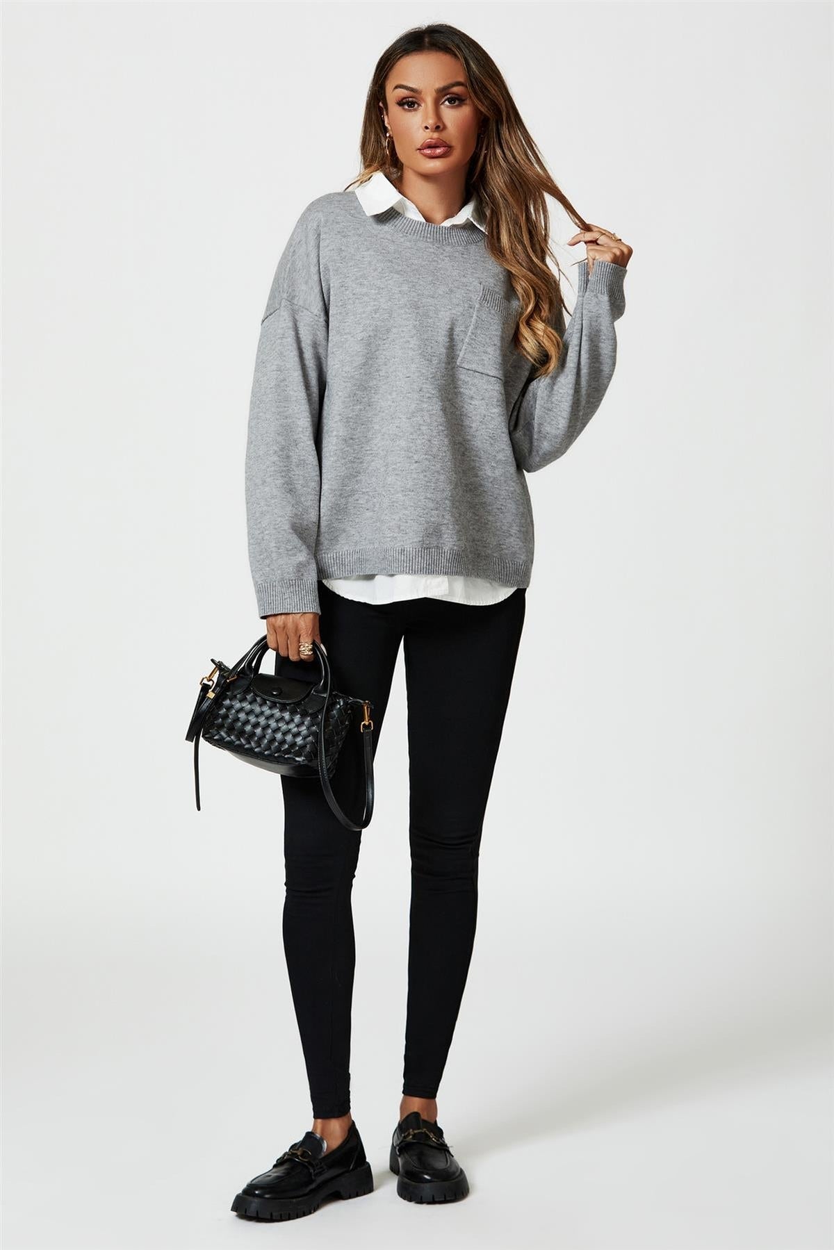 Pocket Detail Knitted Jumper In Grey