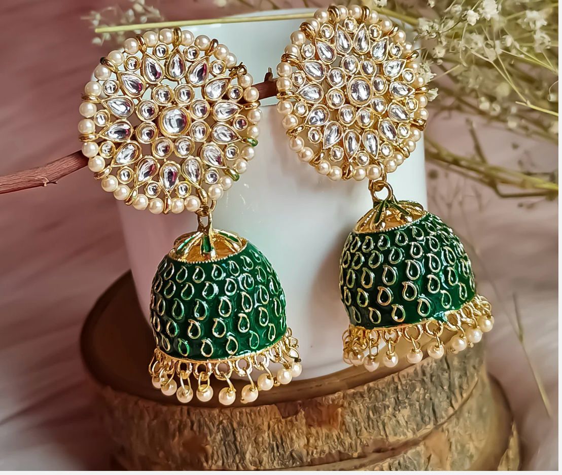 Kundan Meenakari Jhumka Earrings-Green