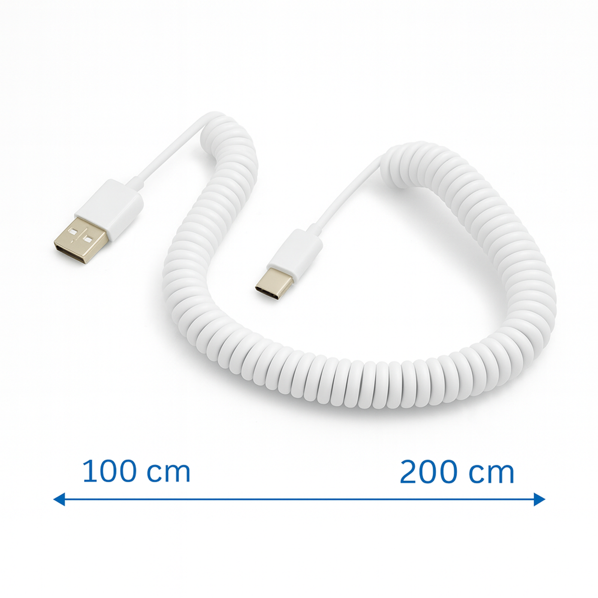 Spiralkabel USB-C auf USB-A (USB 2.0-kompatibel), 100–200 cm, Weiß | System-S