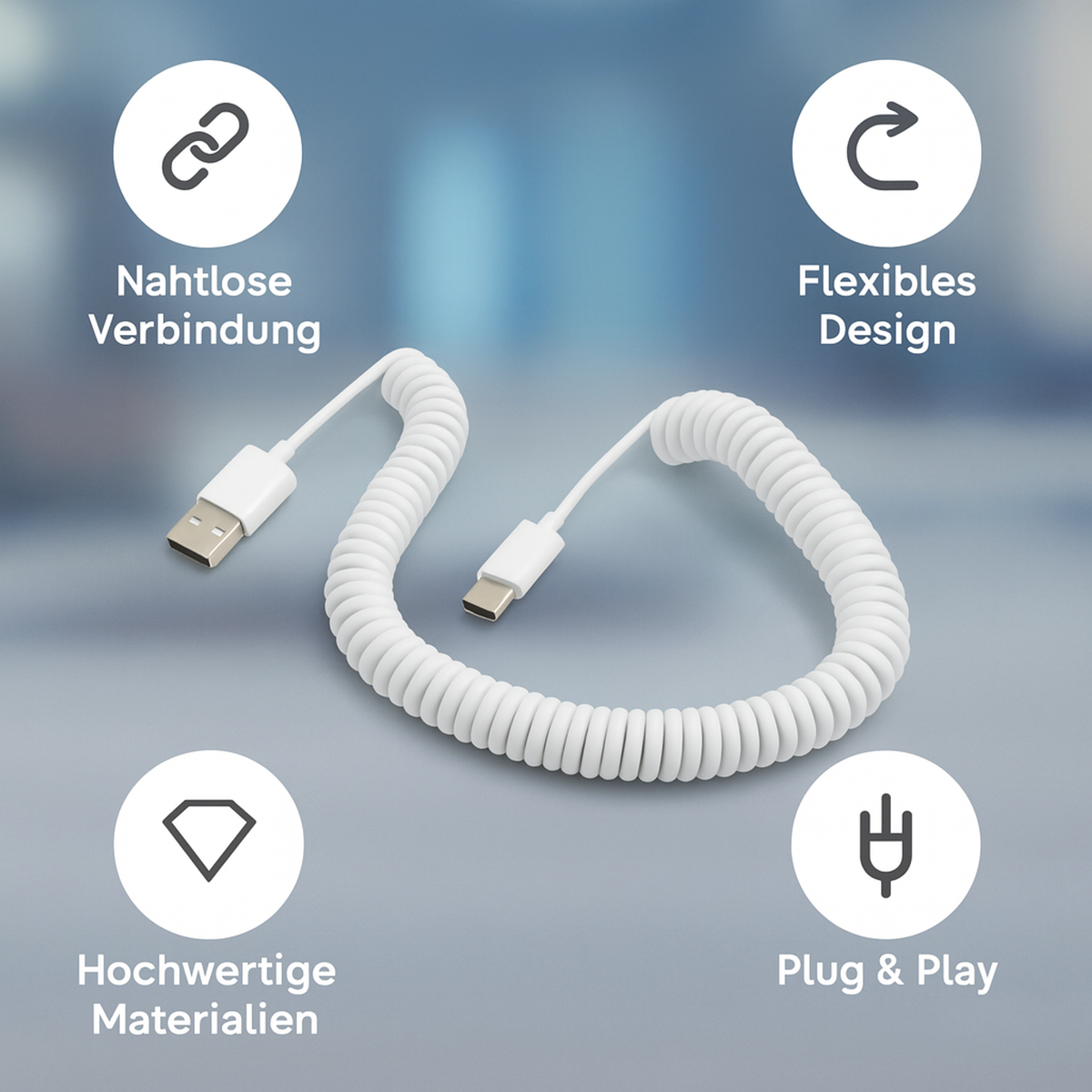Spiralkabel USB-C auf USB-A (USB 2.0-kompatibel), 100–200 cm, Weiß | System-S
