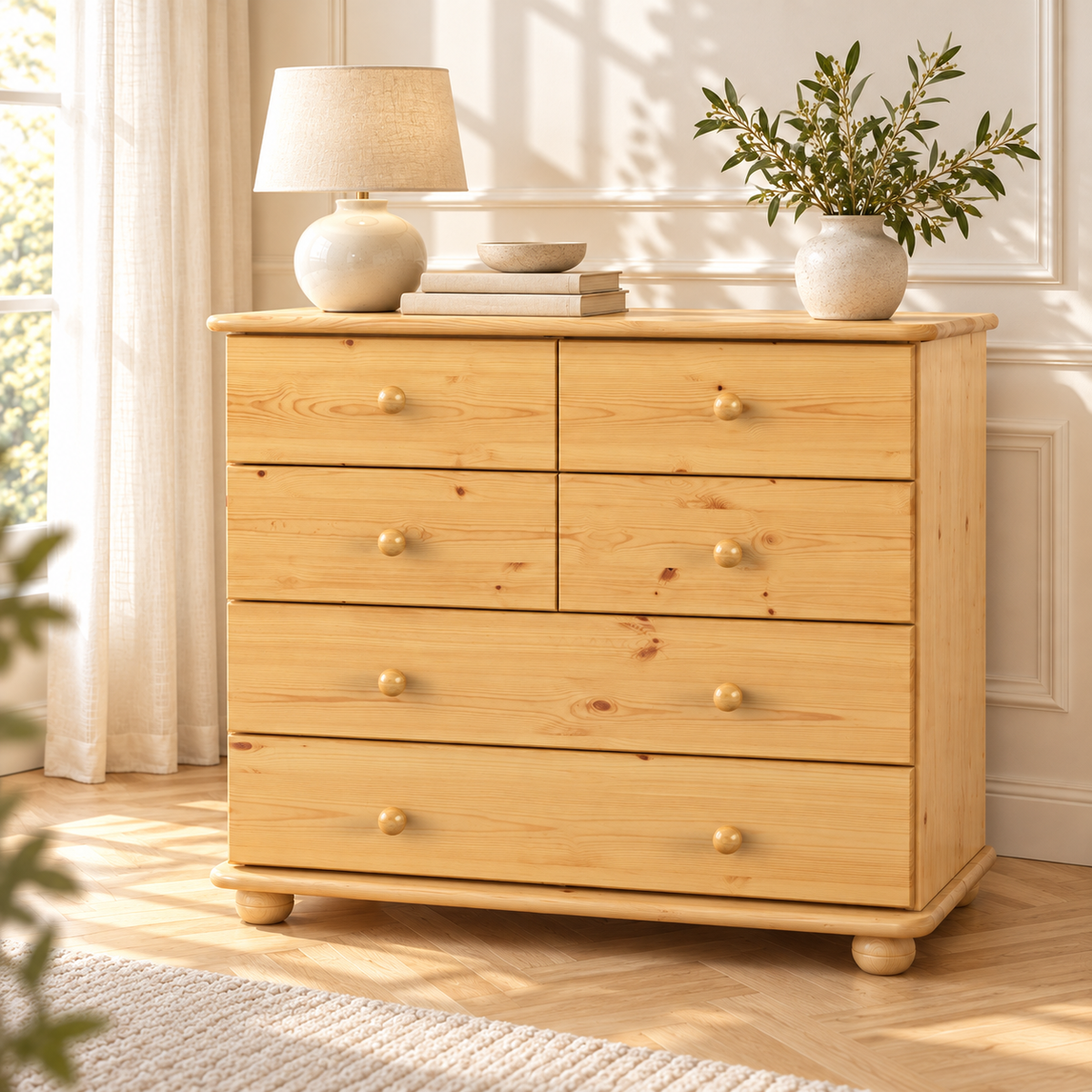 Claudia Kommode Bio Kiefer Massivholz | Sideboard mit 6 Schubladen | Anrichte aus 100% nachhaltigem Holz