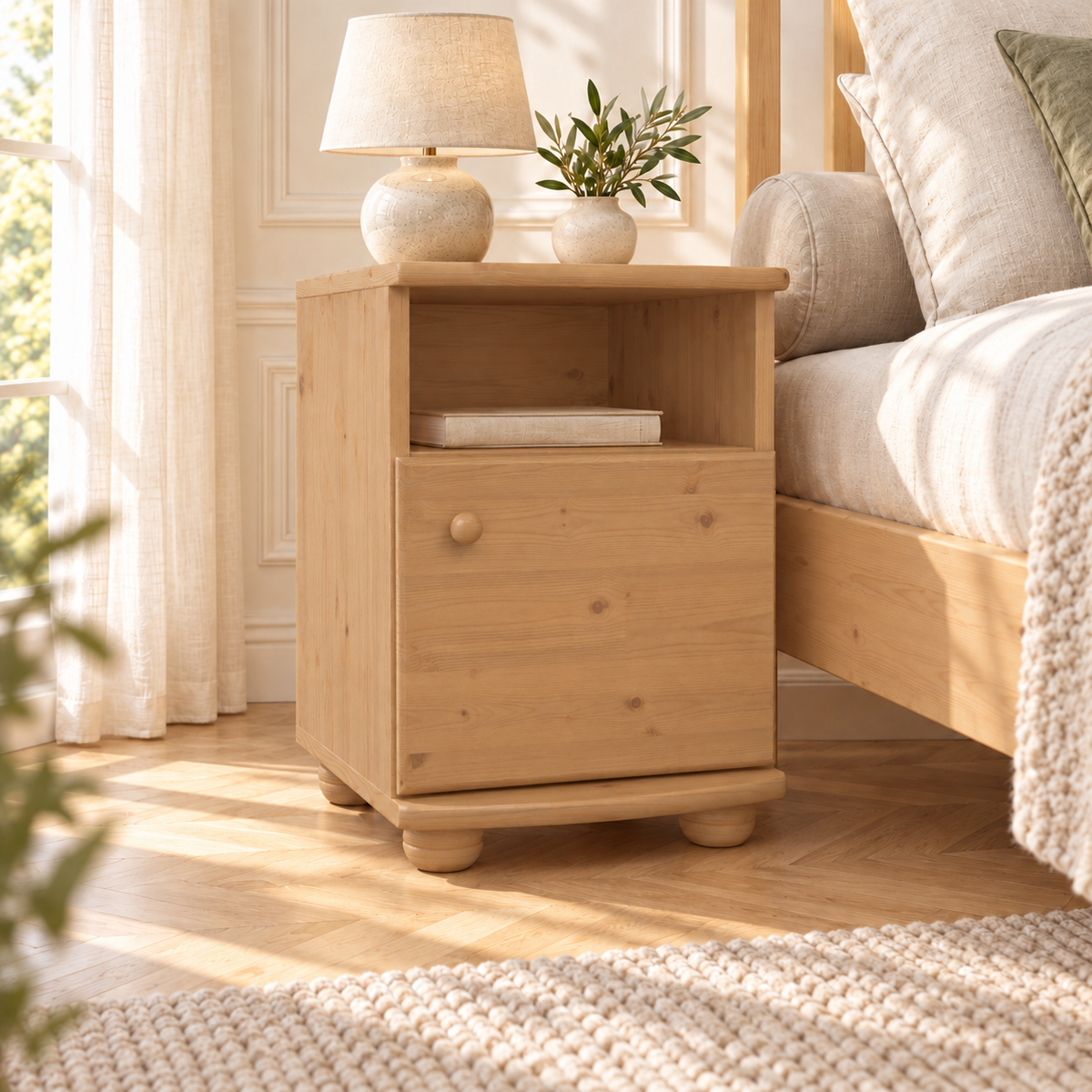 Claudia Kiefer Nachttisch Massivholz | Nachtschrank mit 1 Regal und 1 Tür | 100% Bio Kiefer