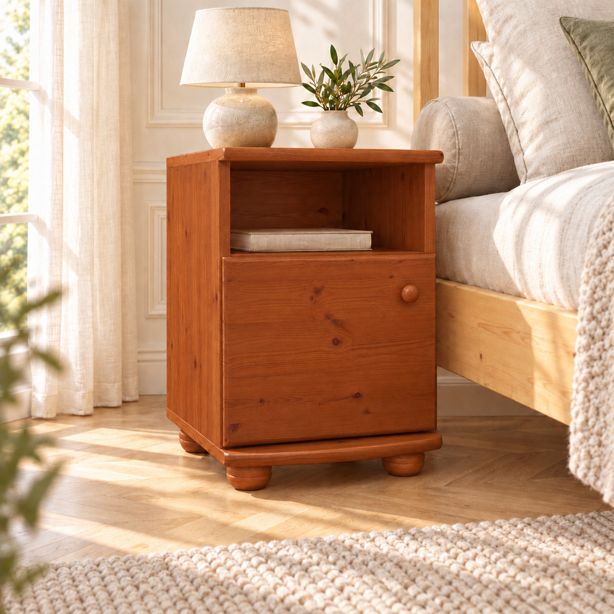 Claudia Kiefer Nachttisch Massivholz | Nachtschrank mit 1 Regal und 1 Tür | 100% Bio Kiefer