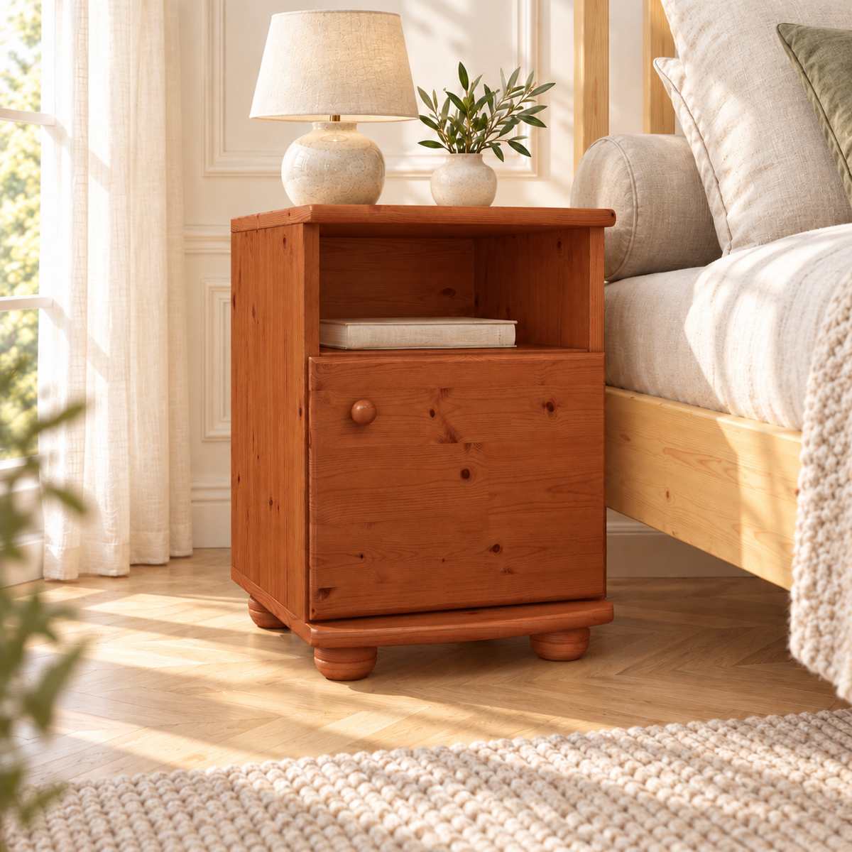 Claudia Kiefer Nachttisch Massivholz | Nachtschrank mit 1 Regal und 1 Tür | 100% Bio Kiefer