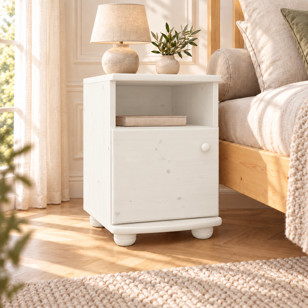 Claudia Kiefer Nachttisch Massivholz | Nachtschrank mit 1 Regal und 1 Tür | 100% Bio Kiefer