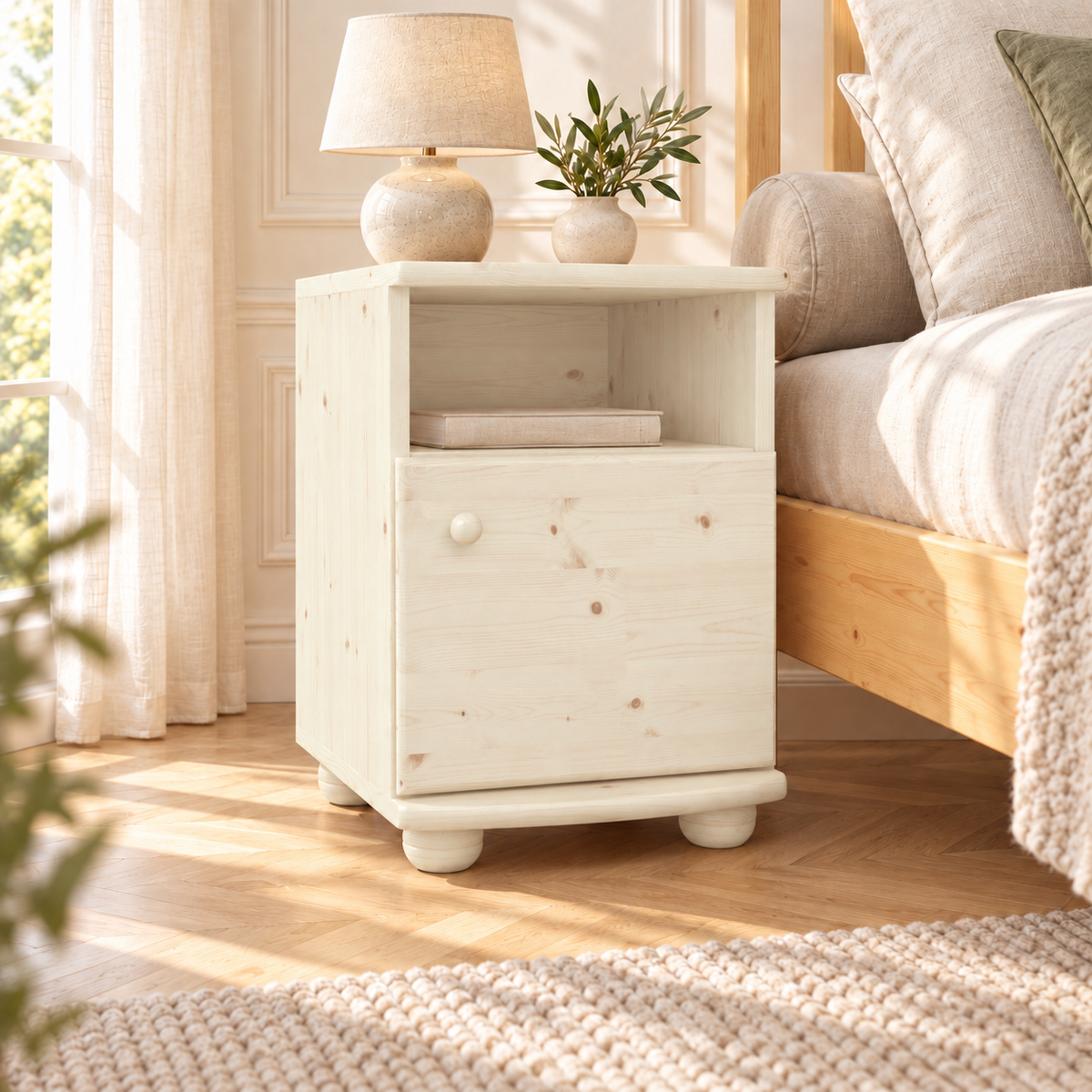 Claudia Kiefer Nachttisch Massivholz | Nachtschrank mit 1 Regal und 1 Tür | 100% Bio Kiefer
