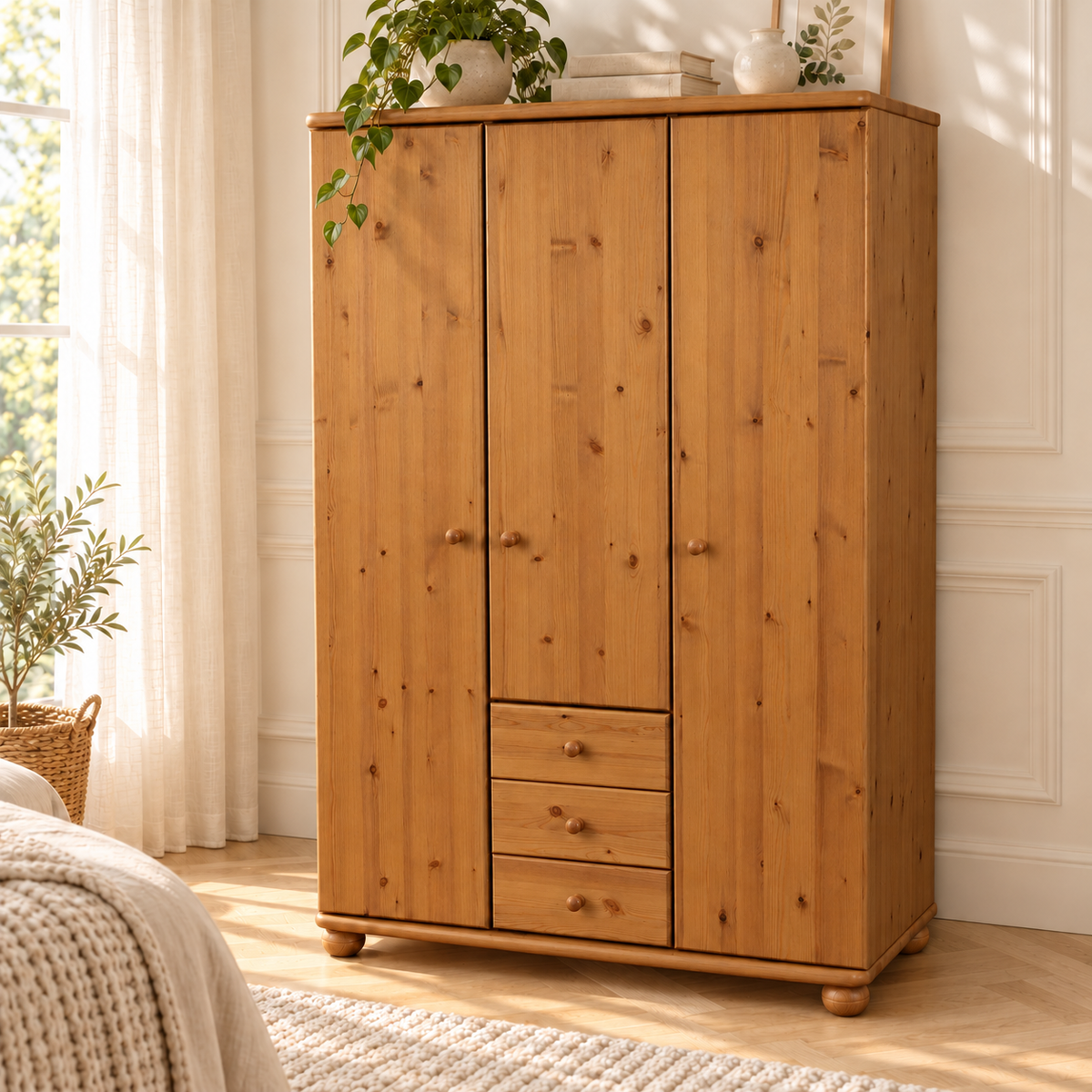 Claudia Hotel Kleiderschrank Bio Kiefer | 3 Türen | 3 Schubladen | Regalböden aus massivem Holz