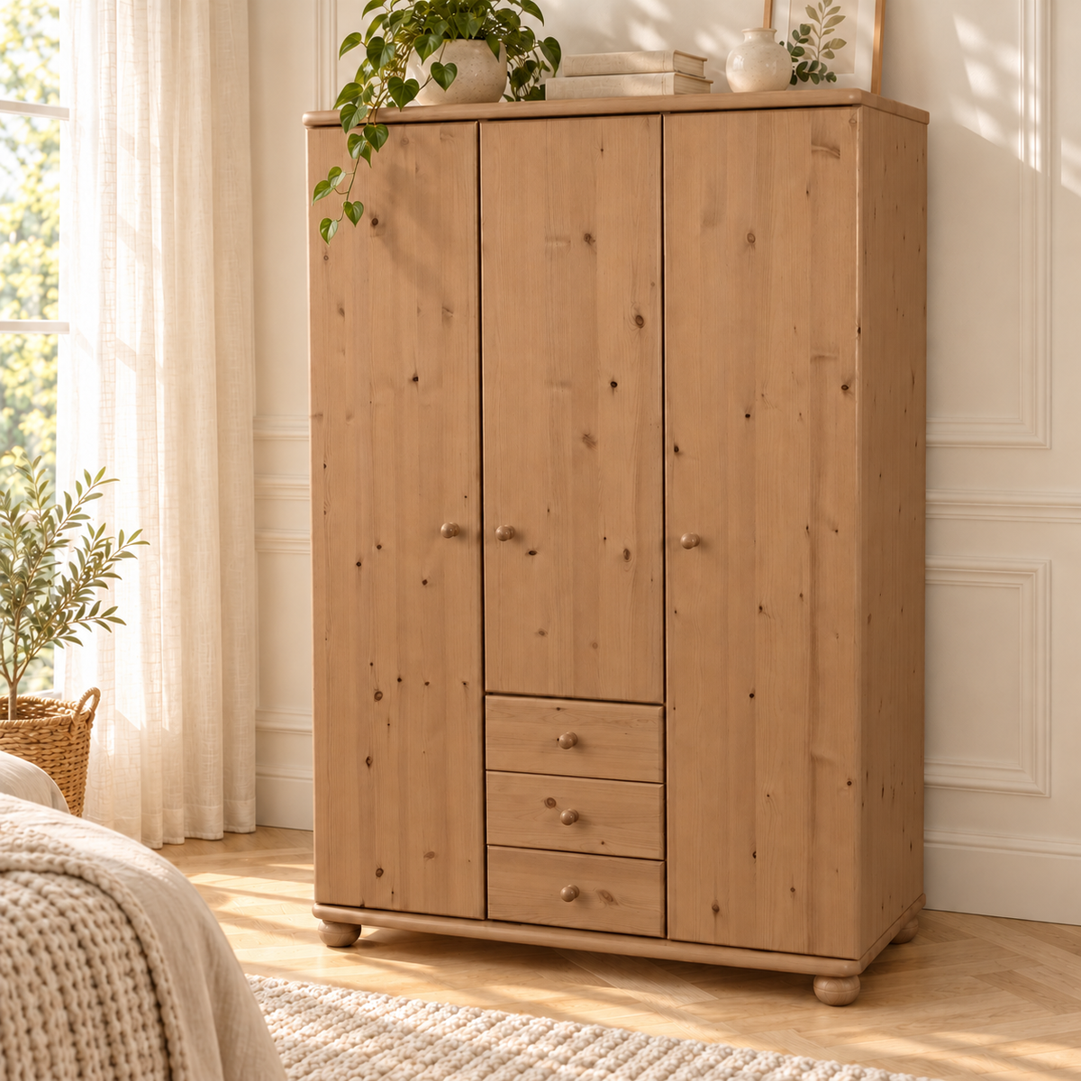 Claudia Hotel Kleiderschrank Bio Kiefer | 3 Türen | 3 Schubladen | Regalböden aus massivem Holz
