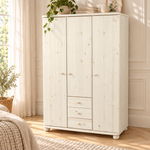 Claudia Hotel Kleiderschrank Bio Kiefer | 3 Türen | 3 Schubladen | Regalböden aus massivem Holz