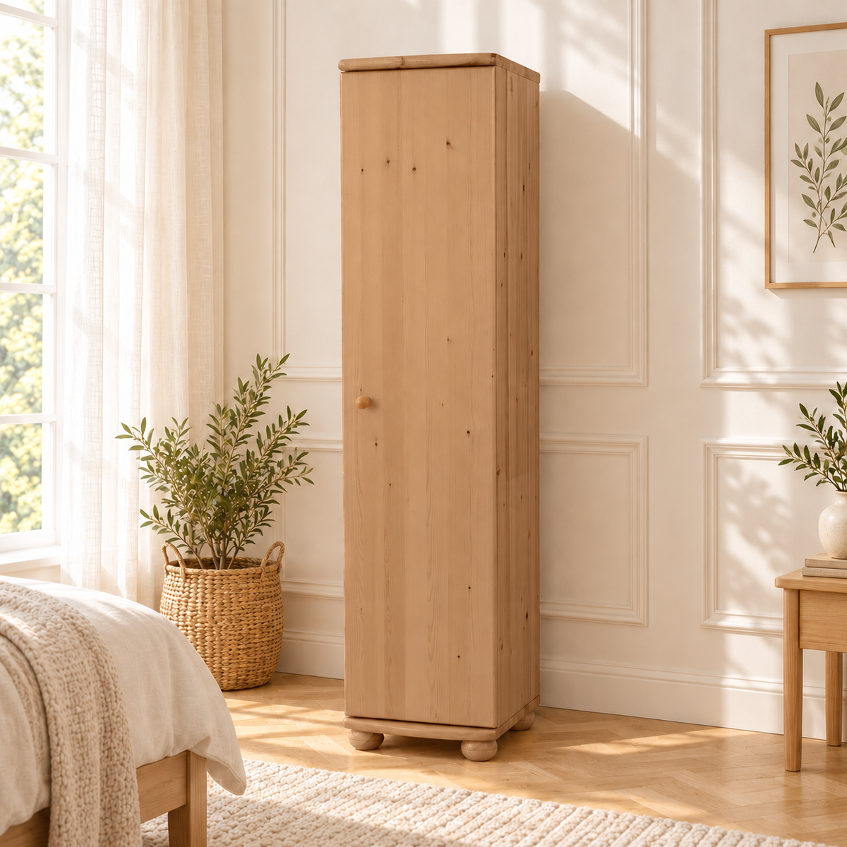 Claudia Kleiderschrank Bio Kiefer 62cm Tiefe | 1-Türig mit Kleiderstange aus 100% massivem Holz