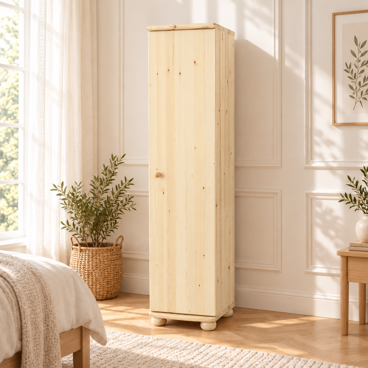 Claudia Kleiderschrank Bio Kiefer 62cm Tiefe | 1-Türig mit Kleiderstange aus 100% massivem Holz