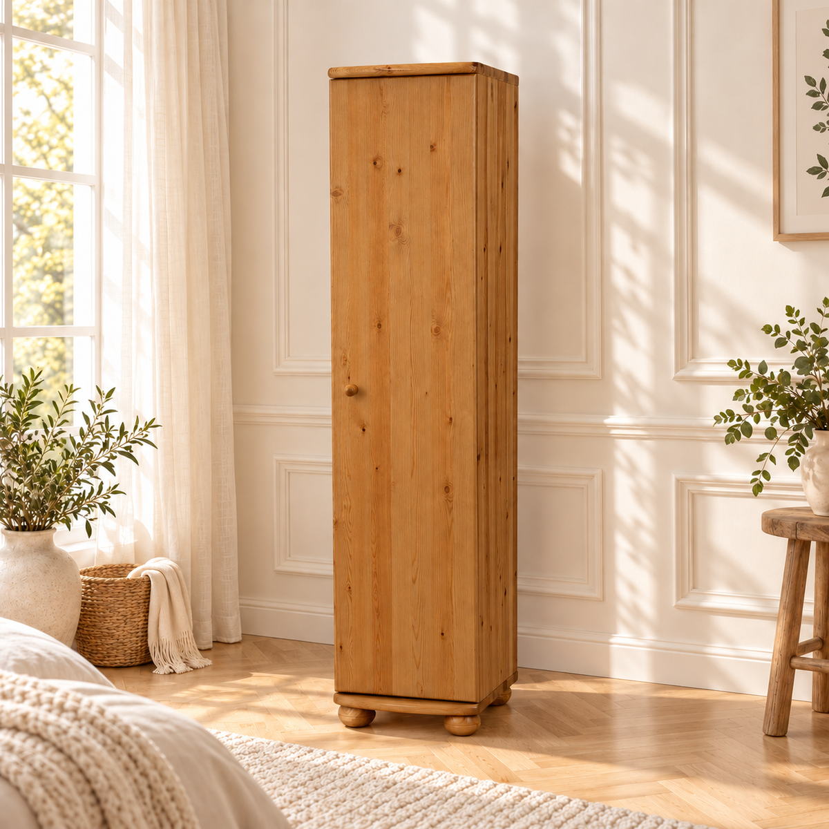 Claudia Kleiderschrank Bio Kiefer 45 cm Tiefe | 1-Türig mit 4 Regalen aus 100% Massivholz