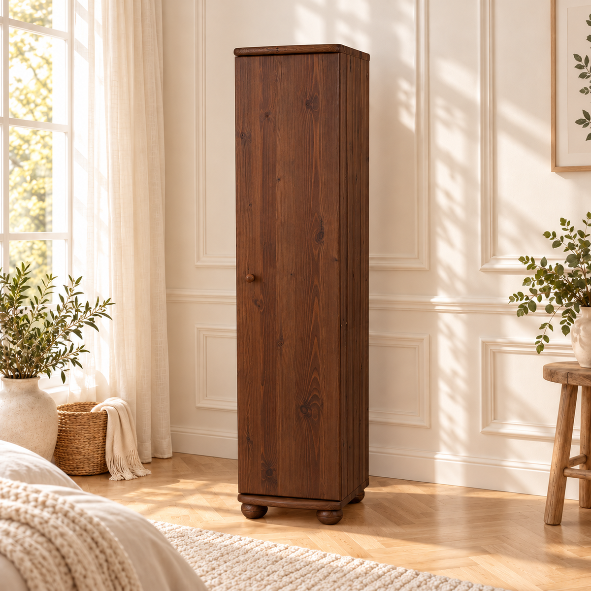 Claudia Kleiderschrank Bio Kiefer 45 cm Tiefe | 1-Türig mit 4 Regalen aus 100% Massivholz