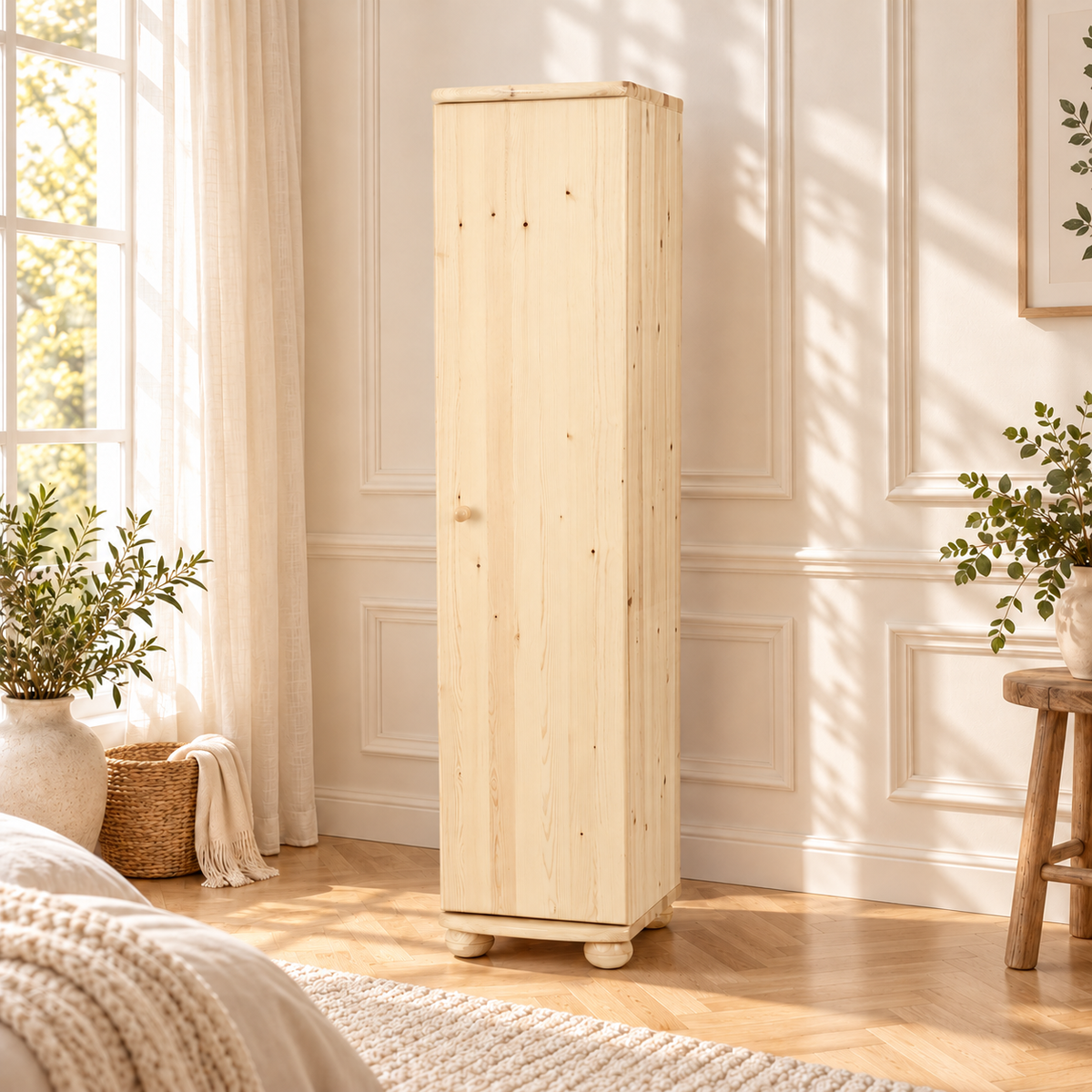 Claudia Kleiderschrank Bio Kiefer 45 cm Tiefe | 1-Türig mit 4 Regalen aus 100% Massivholz