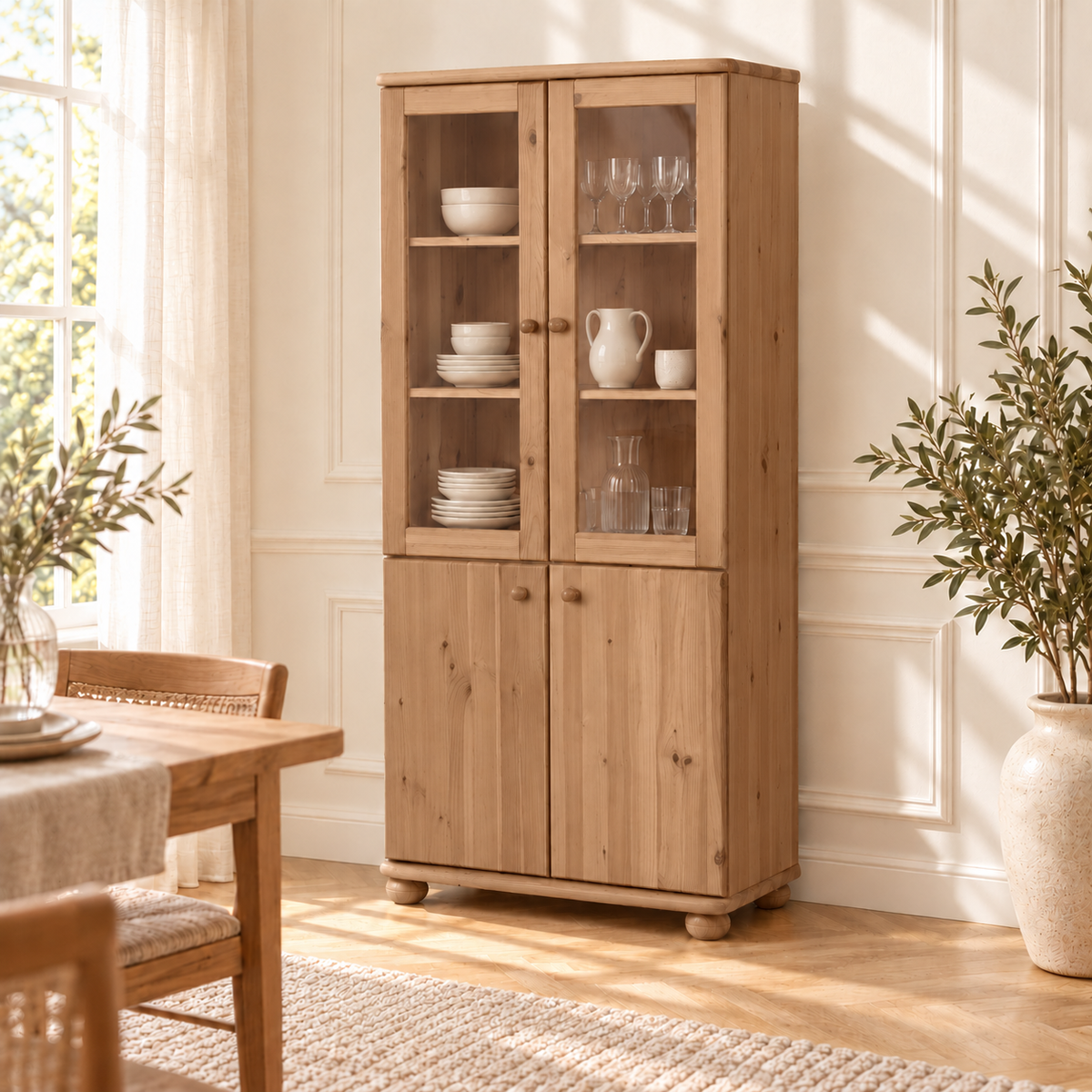 Claudia Buffetschrank Massivholz Vitrine V.2 aus 100% Bio Kiefer | 4-Türig und umweltfreundlich