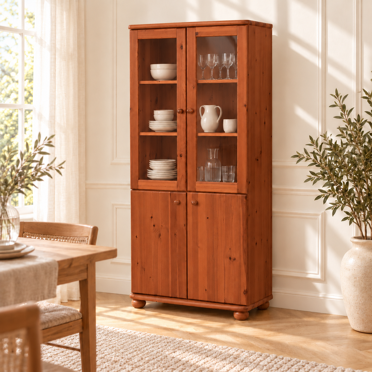 Claudia Buffetschrank Massivholz Vitrine V.2 aus 100% Bio Kiefer | 4-Türig und umweltfreundlich