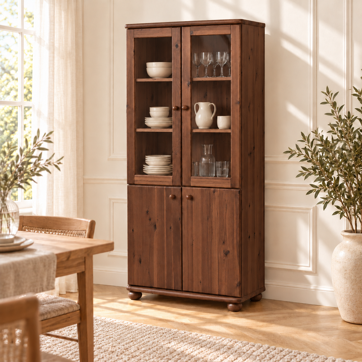 Claudia Buffetschrank Massivholz Vitrine V.2 aus 100% Bio Kiefer | 4-Türig und umweltfreundlich