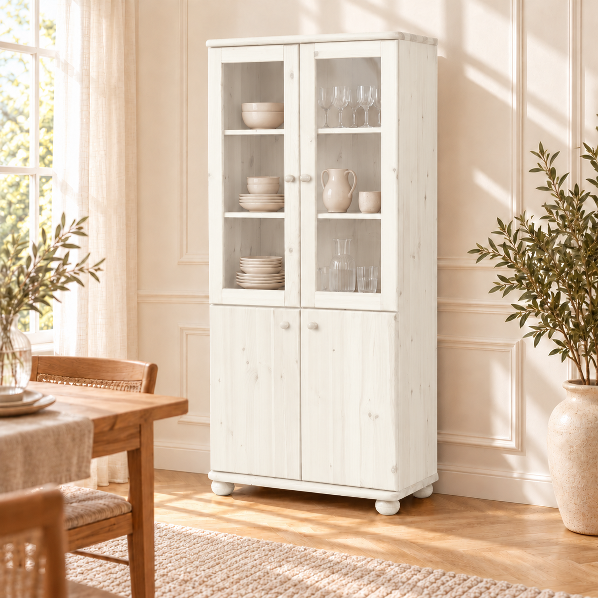 Claudia Buffetschrank Massivholz Vitrine V.2 aus 100% Bio Kiefer | 4-Türig und umweltfreundlich