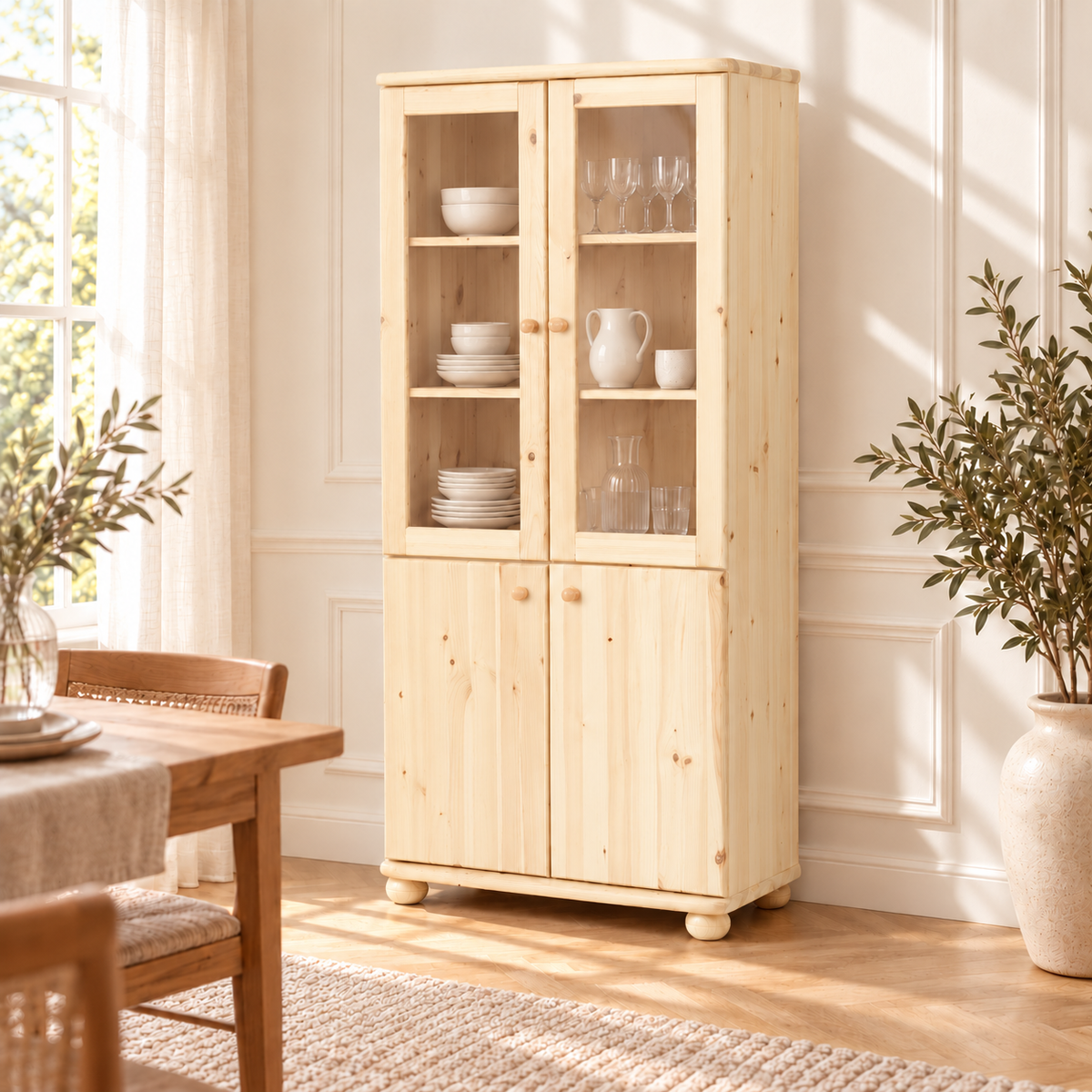 Claudia Buffetschrank Massivholz Vitrine V.2 aus 100% Bio Kiefer | 4-Türig und umweltfreundlich
