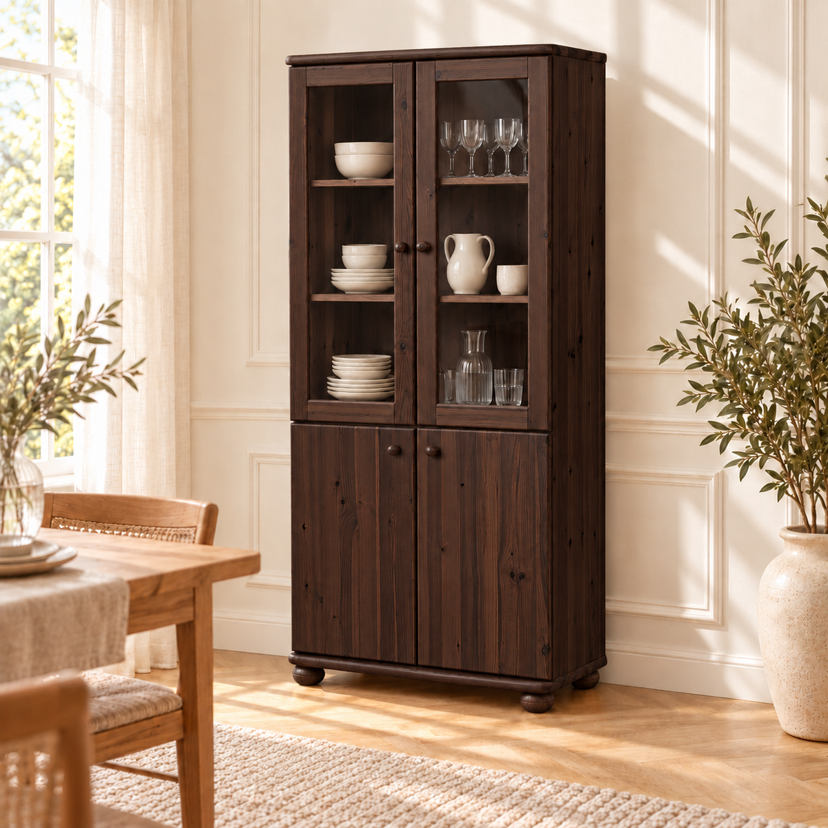 Claudia Buffetschrank Massivholz Vitrine V.2 aus 100% Bio Kiefer | 4-Türig und umweltfreundlich