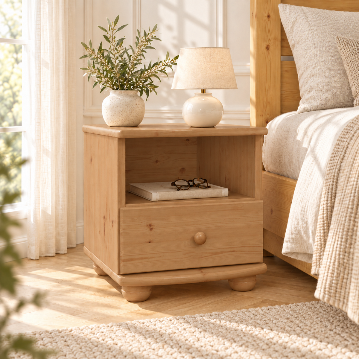 Claudia Kiefer Nachttisch Massivholz mit 1-Schublade und 1 Regal | 100% Bio Kiefer