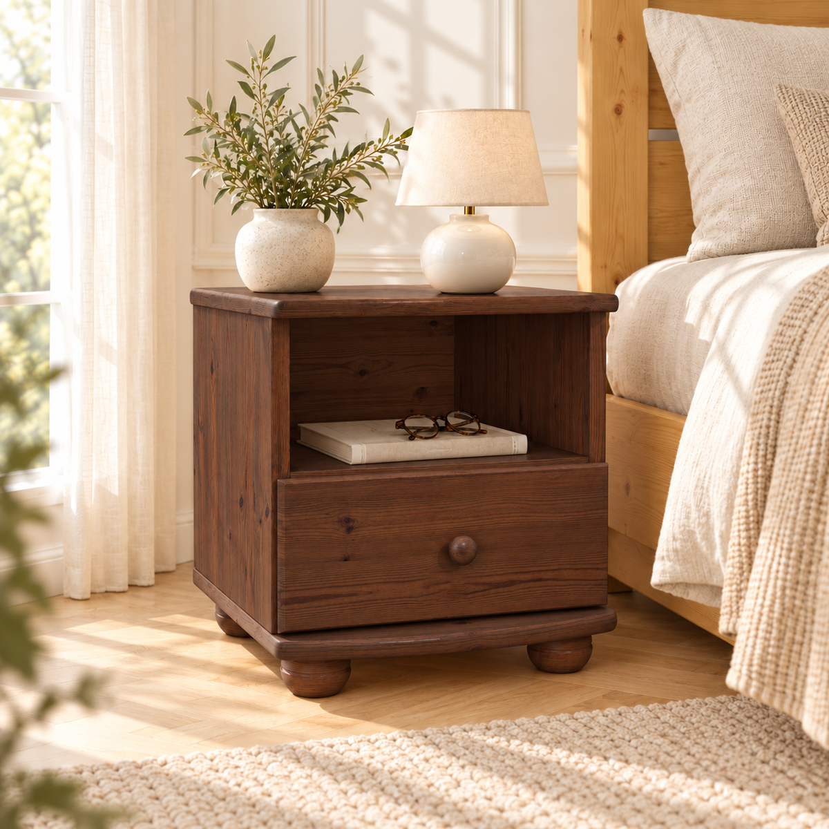 Claudia Kiefer Nachttisch Massivholz mit 1-Schublade und 1 Regal | 100% Bio Kiefer