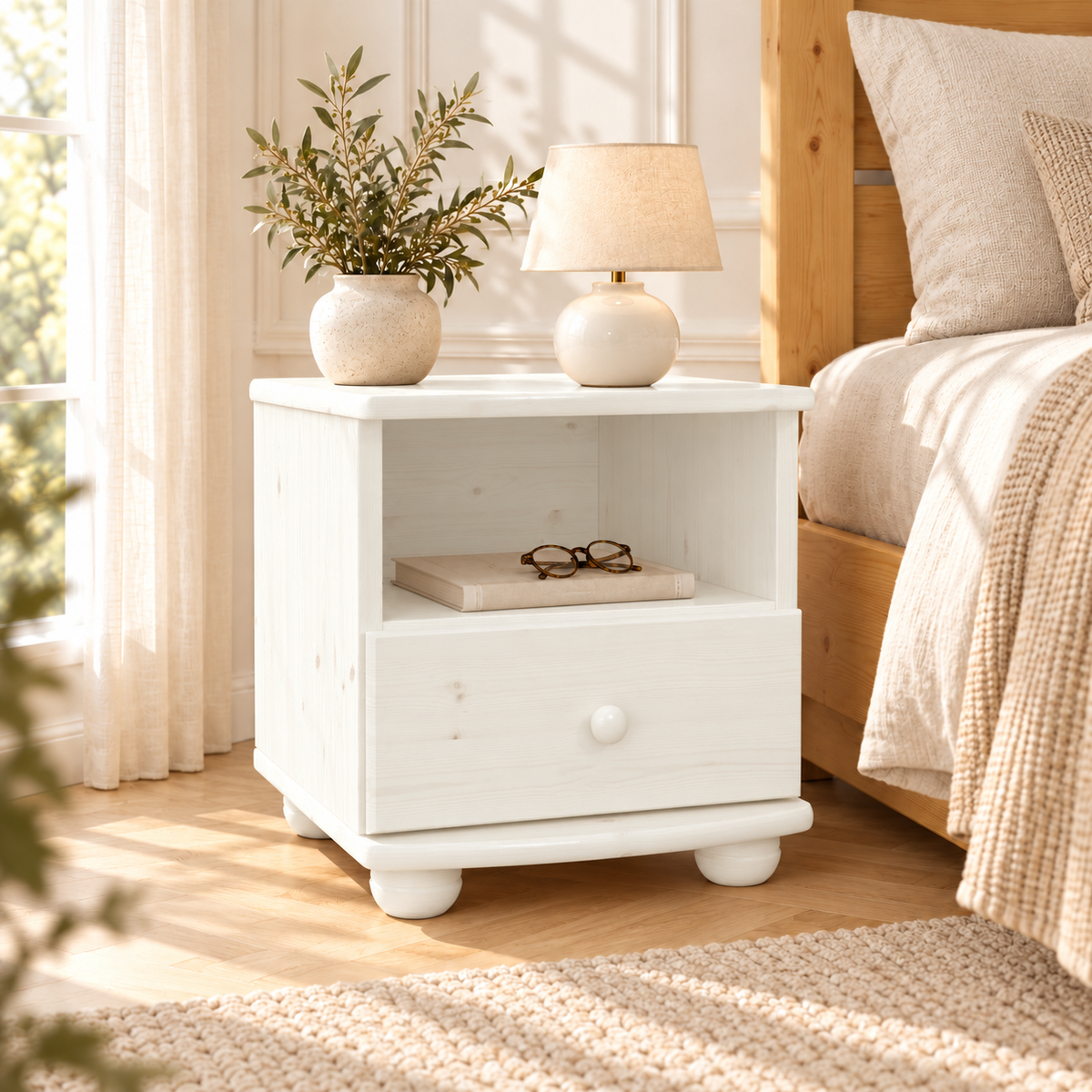 Claudia Kiefer Nachttisch Massivholz mit 1-Schublade und 1 Regal | 100% Bio Kiefer