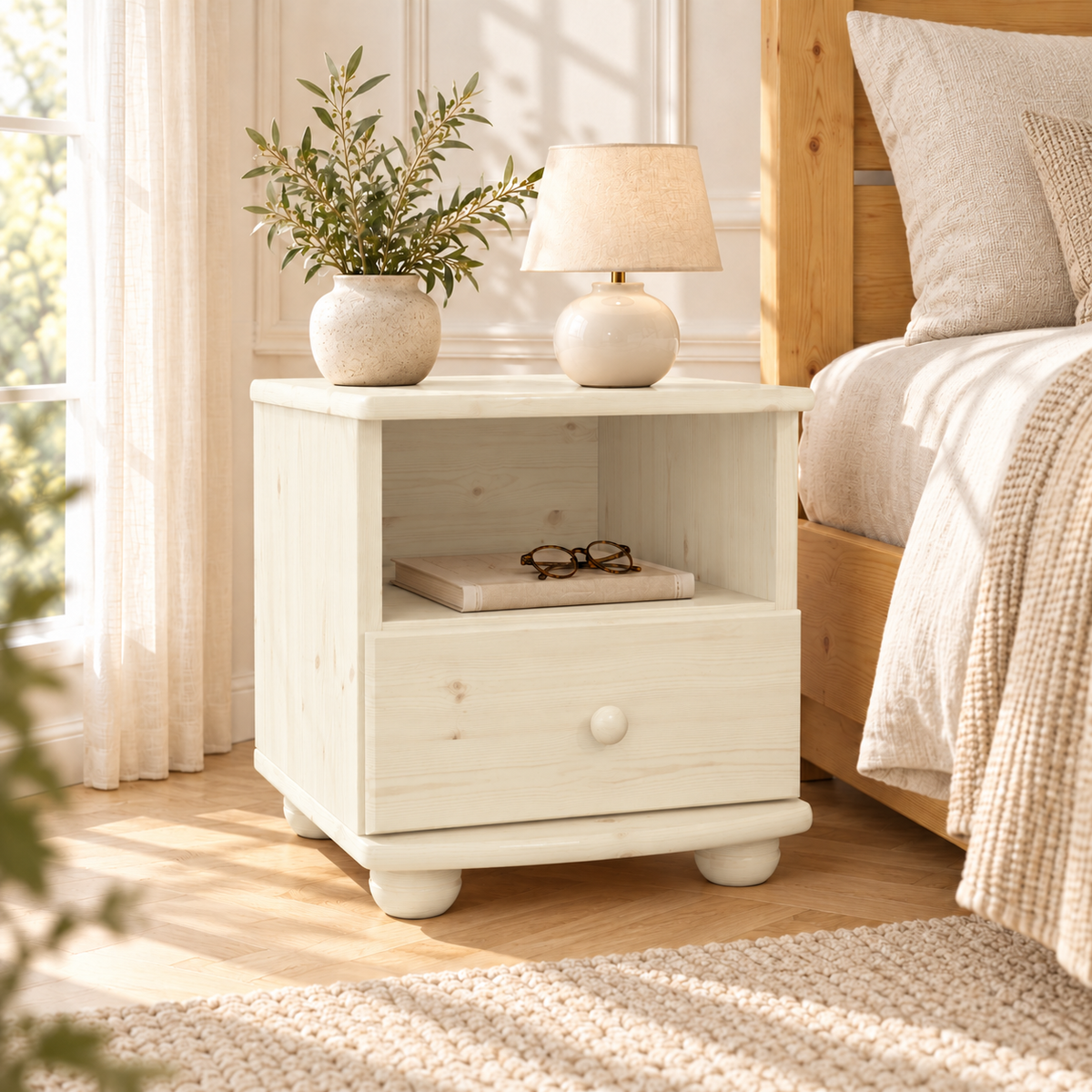 Claudia Kiefer Nachttisch Massivholz mit 1-Schublade und 1 Regal | 100% Bio Kiefer
