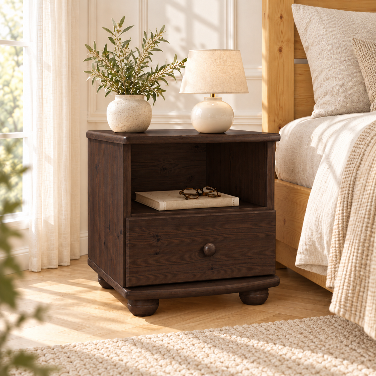 Claudia Kiefer Nachttisch Massivholz mit 1-Schublade und 1 Regal | 100% Bio Kiefer