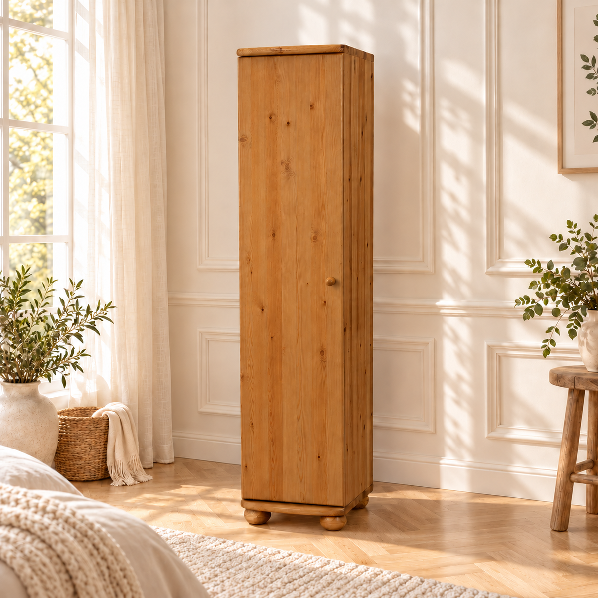 Claudia Kleiderschrank Bio Kiefer 45 cm Tiefe | 1-Türig mit 4 Regalen aus 100% Massivholz