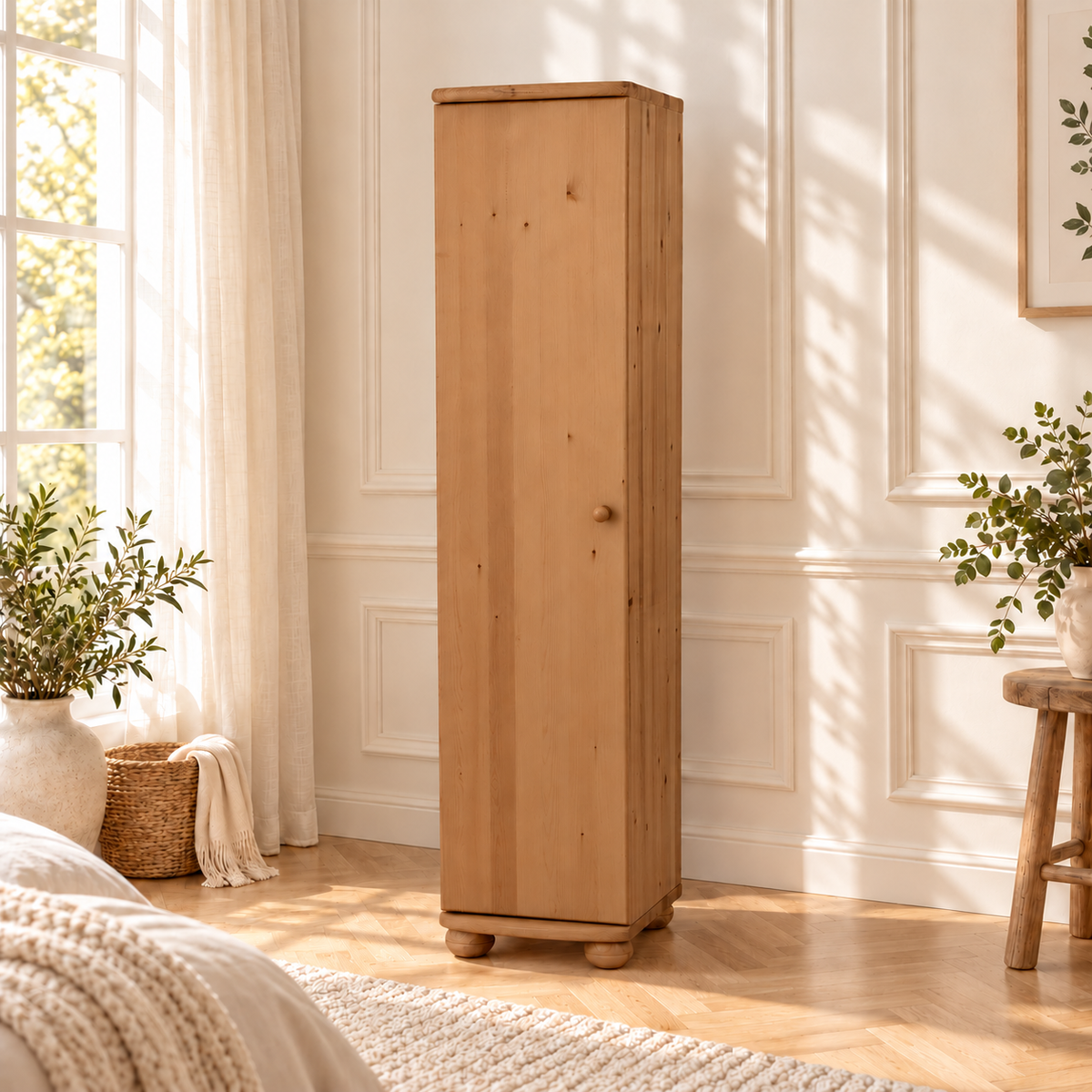 Claudia Kleiderschrank Bio Kiefer 45 cm Tiefe | 1-Türig mit 4 Regalen aus 100% Massivholz