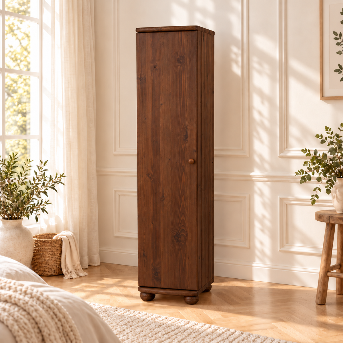 Claudia Kleiderschrank Bio Kiefer 45 cm Tiefe | 1-Türig mit 4 Regalen aus 100% Massivholz
