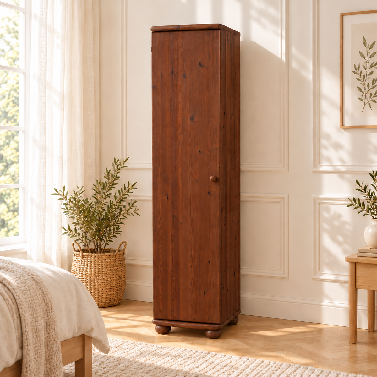 Claudia Kleiderschrank Bio Kiefer 62cm Tiefe | 1-Türig mit Kleiderstange aus 100% massivem Holz