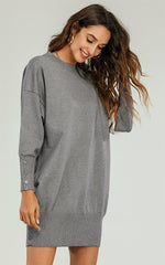 Knitted Tunic Jumper Dress With White Stripe In Grey