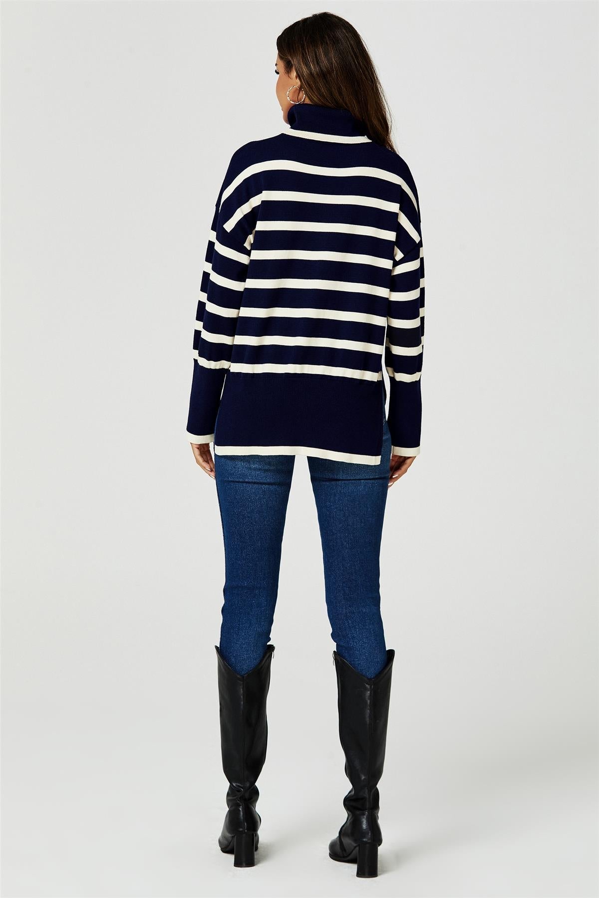 Stripes Pattern Turtleneck Jumper Top In Navy