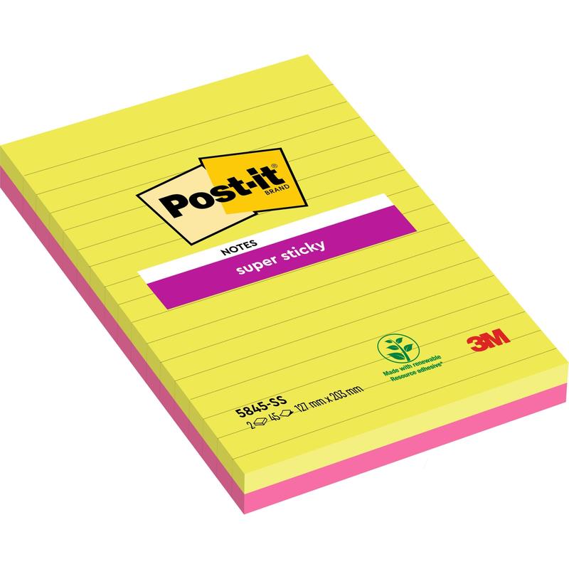 Post-it® Super Sticky Notes im Großformat, Rosa und Grün, Liniert, 127 mm x 203 mm, 45 Blatt/Block, 2 Blöcke/Packung, 100% PEFC, SGSCH-PEFC-COC-110078 | Packung (1 Stück)