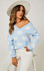 Relaxed Comfy White V Neck Heart Pattern Jumper Top In Baby Blue Namma Markt